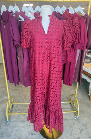 Burgundy Sweet Eyelet Moments Midi Dress