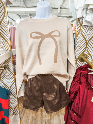 Made for the Girls Bow Oatmeal/Taupe Ribbon Jacquard Long Sleeve Sweater