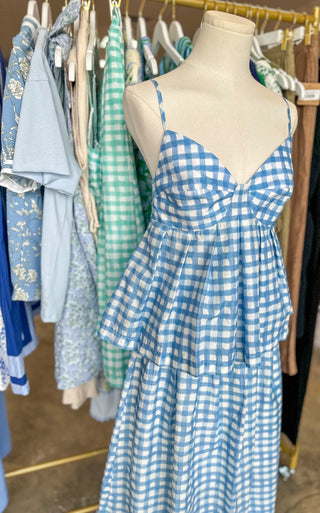 Sky Blue Gingham Midi Skirt Set