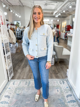 Light Blue Dreamscape Gold Button Cardigan