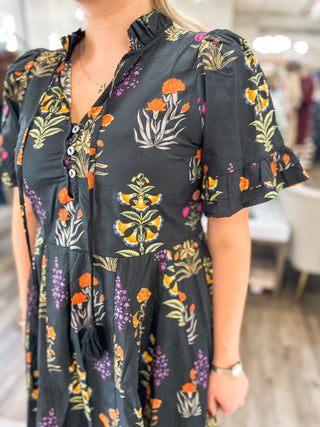 Black Whimsy Blooms Mini Dress