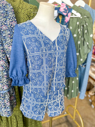 Blue & Ivory Graceful Threads Embroidered Shorts Set