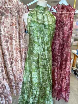 Green Painted Garden Mock Neck Maxi Dress