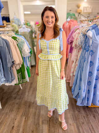 Honeydew & Blue Sweetheart Gingham Corset Midi Dress