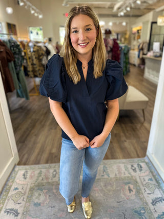 Navy Parker Puff Sleeve Textured Top