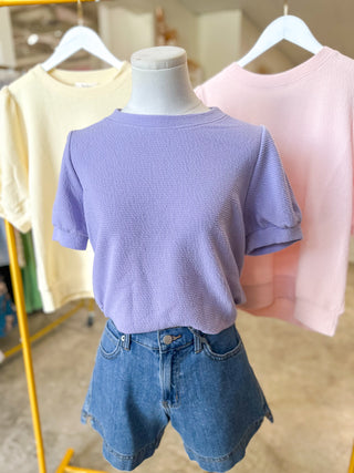 Lavender Round Neck Cloudy Knit Short Puff Sleeve Top