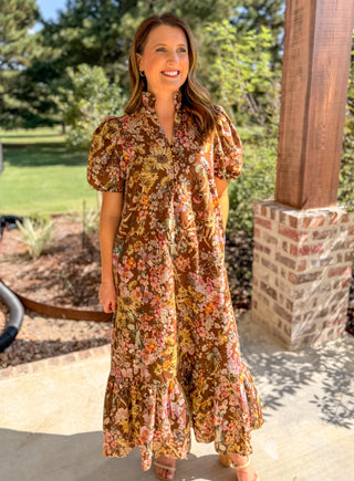 Brown Fields of Florals Eyelet Midi Dress