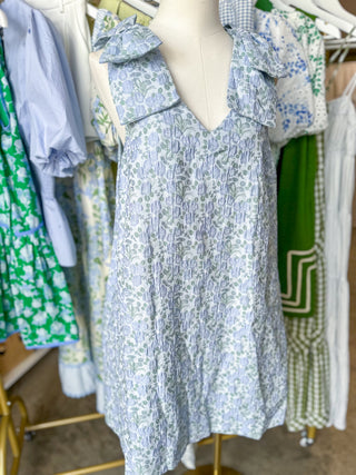 Blue & Green Blooming Grace Bow Sleeve Mini Dress
