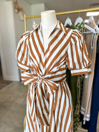Cream & Camel Stripe Society Tie Waist Maxi Dress