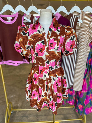 Brown & Pink Painted Petals Pleated Mini Dress