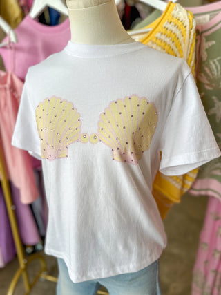 White W/ Pink & Yellow Bedazzled Seashell Bikini Cropped Tee
