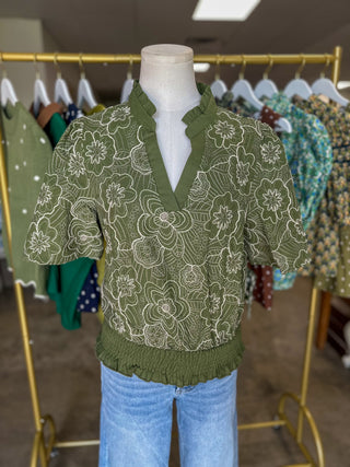 Olive Better To Be Embroidered Smocked Detail Top