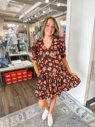 Brown Autumn Flower Flounce Mini Dress