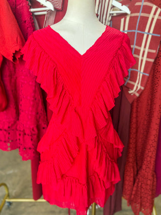 Red Serenade Ruffle V-Neck Cutout Mini Dress