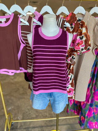 Burgundy Autumn Breeze Striped Knit Tank Top