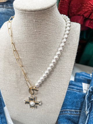 Gold Open Chain & Pearl W/ Textured Cross & Pearl Charm Necklace
