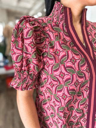 Wine Autumn Mosaic Puff Sleeve Top