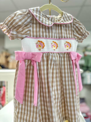 Fall Thanksgiving Lapel Plaid Chick Embroidery Smocking Bow Dress