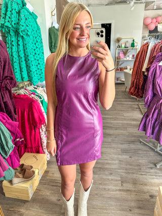 Purple Lovely Looks Faux Leather Dress with Side Zip Detail