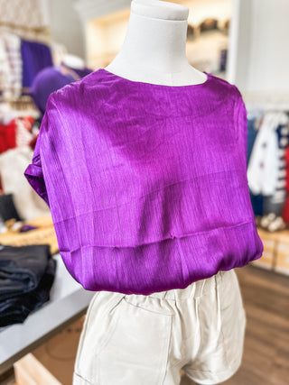 Purple Silky Sway Round Neck Cropped Top