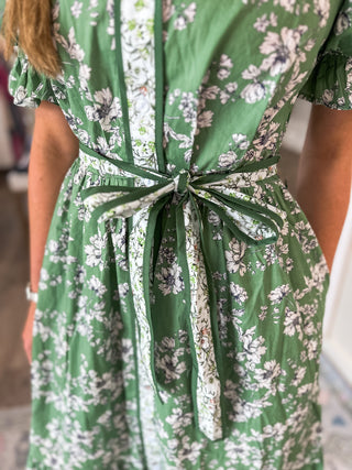 Olive Bloomline Button-Down & Bow Belt Midi Dress