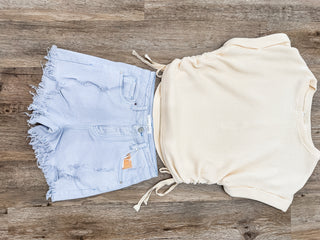 Risen Ice Blue Distressed Detail Denim Shorts