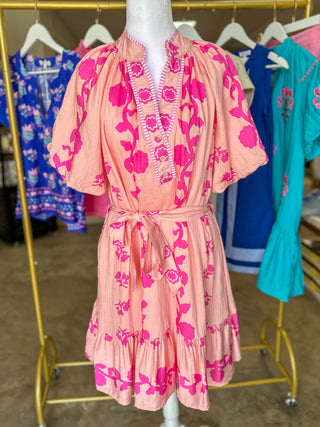 Light Pink Summer In Santorini Floral Belted Mini Dress