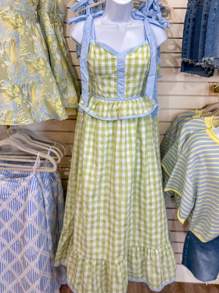 Honeydew & Blue Sweetheart Gingham Corset Midi Dress