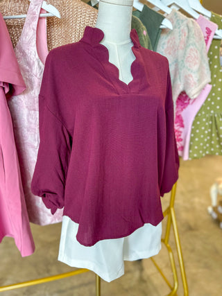 Plum Green Autumn Elegance Scallop Trim Top