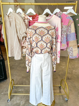 Cream Petal Mosaic Mock Neck Longsleeve Sweater