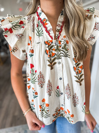 Cream Whimsy Blooms Button-Up Top