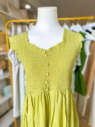 Kiwi Green Sweetheart Smocked Mock Button Midi Dress