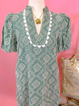 Sage Heirloom Scallop Mini Dress