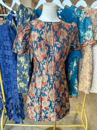 Teal Tapestry Rose Jacquard Mini Dress