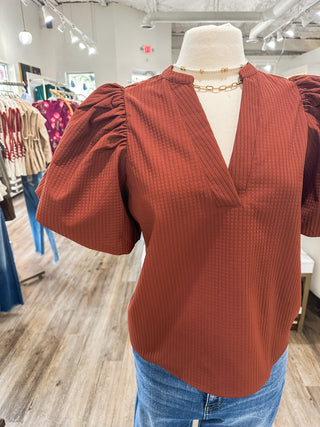 Rust Parker Puff Sleeve Textured Top