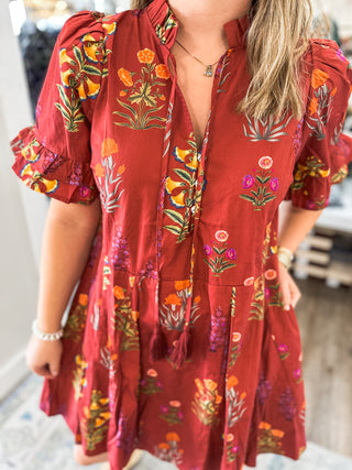 Brick Whimsy Blooms Mini Dress