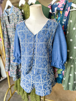 Blue & Ivory Graceful Threads Embroidered Shorts Set