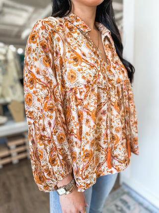 Cream Multi Floral Boho Tassel Blouse