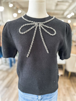 Black Glitz & Grace Beaded Crystal Bow Sweater