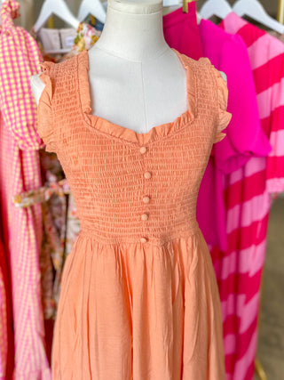 Peachy Sweetheart Smocked Mock Button Midi Dress