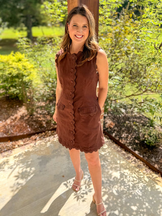 Brown Sweet Detail Scallop Trim Mini Dress