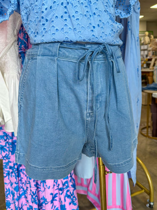 Denim Slightly Slouchy & Pleated Tie Waist Detail Shorts - Risen