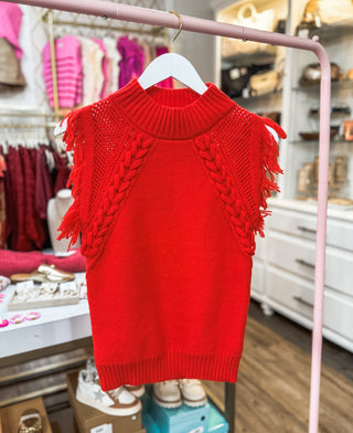 Candy Red Fun & Fringy Cable Knit Trim Sleeveless Sweater