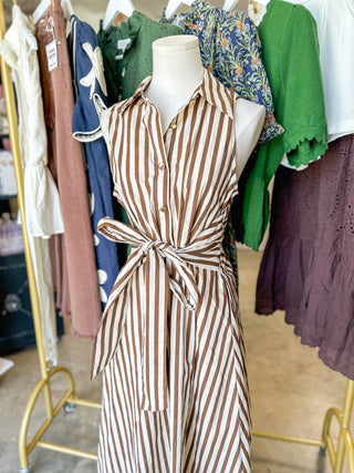 Brown Rowan Lane Striped Belted Maxi Dress
