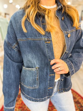 Dark Wash Patch Pocket Relaxed Fit Denim Jacket