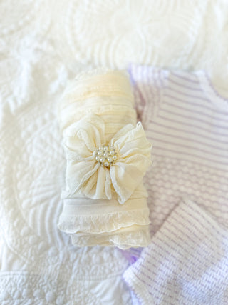 Frilly Frou Off White Pearl Bow Headband & Swaddle