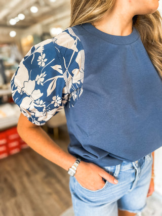 Slate Blue Floral Feature Puff Sleeve Crewneck Top
