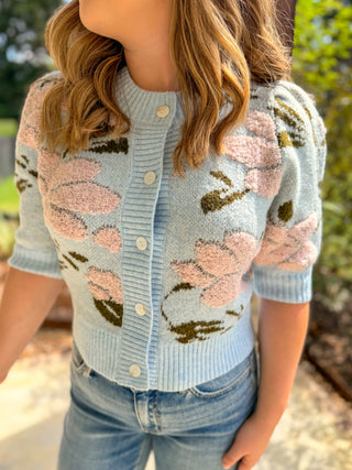 Powder Blue Pink Petal & Knit Short Sleeve Cardigan