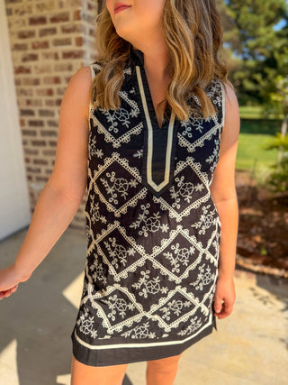 Black Trellis Lace Embroidered Mini Dress