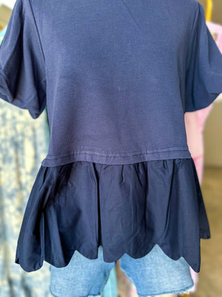 Navy Girly Essential Scalloped Knit Ribbed Top
